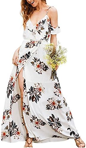 HONEY BOUTIQUE Women's Summer Ruffle Split Cold Shoulder Strap V Neck Floral Maxi Dress White
