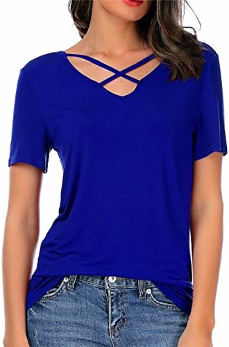 CPOKRTTWSO Women Summer Tops Cross Front Deep V-Neck Short Sleeve Tees Top Blue L