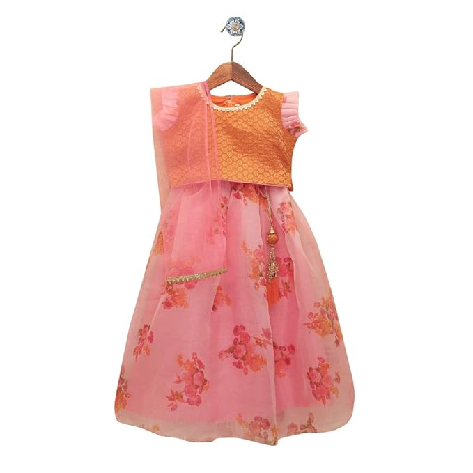 Kid1 By Hopscotch Baby Girls Silk Sara Jacquard Choli With Floral Organza Lehenga in Multi Color