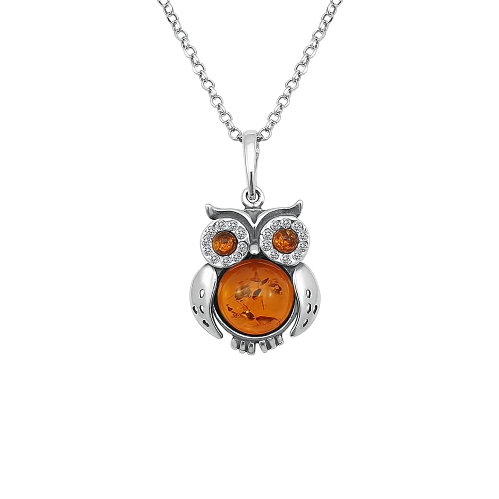 Kiara Jewellery 925 Sterling Silver Owl Pendant Inlaid With Brown Baltic Amber And CZ On Italian 18" Sterling Silver Chain