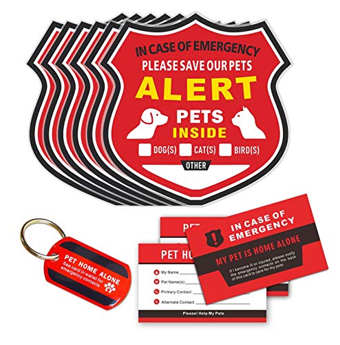 Pet Alert Stickers -Emergency Pets Rescue Stickers Static Cling Window Decals (6 Pack), Bonus: Pet Home Alone Wallet Card & Key Tag - NO Adhesive, Removable, UV Resistant