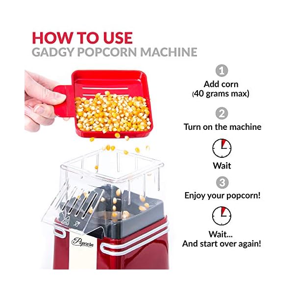 Gadgy--Hot-Air-Popcorn-Maker-l-Retro-Popcorn-Machine-Low-Calorie-Fat-Free-l-Healthy-Pop-Corn-Popper-Cinema-at-Home Gadgy Popcorn Machine - Retro Popcorn Maker - Hot Air Popcorn Popper - Fat Free Oil Free Gourmet Popcorn - Healthy Snack