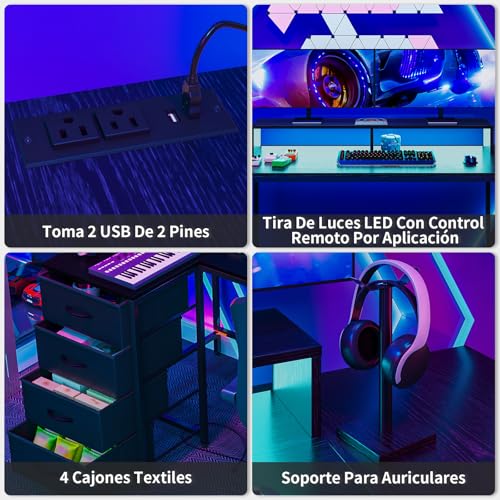 Simple Wisdom Escritorio Gamer,Escritorio Minimalista,El Escritorios Viene con un Cajón de Tela,una Regleta de Enchufes,una Regleta Luces, un Soporte Para Monitor y un Soporte Para Auriculares (Negro)