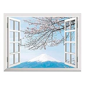 Removable Wall Sticker/Wall Mural - Mt Fuji with Cherry Blossom | Creative Window View Home Decor/Wall Decor - 36"x48"