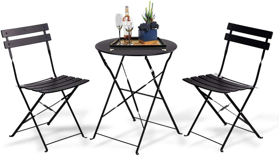 INOVIX Black Grand Premium Steel Bistro, Folding Outdoor Furniture, 3 Piece Set of Foldable Patio Table and Chairs: Home & Kitchen