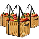 Green BD’s Reusable Grocery Bags. Large, Stain Resistant & Spillover Proof. Eco Friendly Collapsible Shopping Box Bags with Laminated Wicker Print Exterior. (Set of 3)