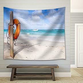 Red Round Life Buoy Hanging on Wooden Pole, Empty Sandy Beach of Dominican Republic - Fabric Wall Tapestry Home Decor - 51x60 inches
