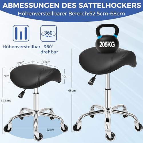 ANWBROAD WSS001B Saddle Stool with Wheels 360° Swivel Stool Silent Wheels Height Adjustable Roll Stool up to 205 kg Ergonomic Thick Leather Wide Seat for Beauty Salons, Salons, Spa and Clinics Black