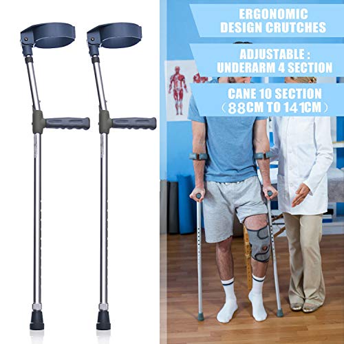 Lehom Forearm Crutches 2 Pack Aluminum Underarm Forearm Crutch 34.5-55.5 inch Adjustable Elbow Crutches Ergonomic Grip Walk Stick Lightweight Arm Cuff Crutch