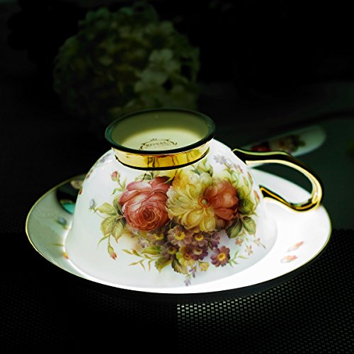 Panbado 3 Piece Bone China Tea Cup Saucer Set with Spoon Porcelain Gold Rimmed Teacup Coffee, Flower, 200ml, 6.8 oz., White/Golden