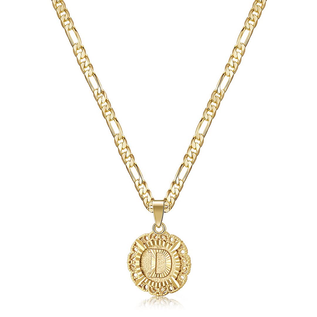 KissYan Gold Initial Necklace for Women Girls 14K Gold Plated Round Letter Heart Pendant Necklace Double Sides Figaro Chain Necklace Jewellery Gifts(Gold D)