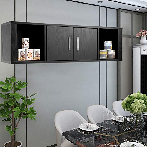 WATERJOY Wall Mounted Hanging Floating Desk Hutch Storage Cabinet Shelves Media Storage Display Hutch, Home Office Furniture, Black