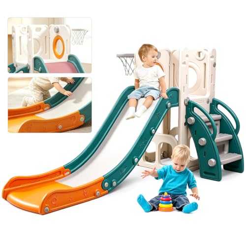 SEXYBIRDS Tobogán para niños pequeños, con Espacio de Almacenamiento y Pasos Antideslizante, Tobogán para Interiores y Exteriores con aro de Baloncesto y telescopio para Parque Trasero Jardín