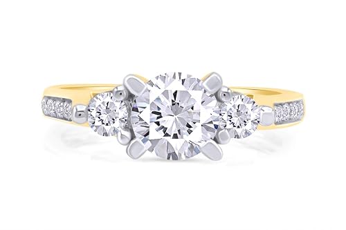 AFFY 14k Solid Gold Three Stone CZ Engagement Ring - 1.25 Cttw Round Cubic Zirconia, Side Stones, Ladies Ring