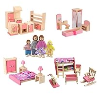 Kunhe 4 Set Wooden Dollhouse Furniture Including Kitchen,Bathroom, Bedroom, Kids Room for Dollhouse Pink Color with 4 Dolls