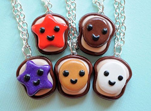 Kawaii Miniature 5 Piece Best Friend Peanut Butter and Jelly Necklace Set Friendship Food Jewelry Polymer Clay