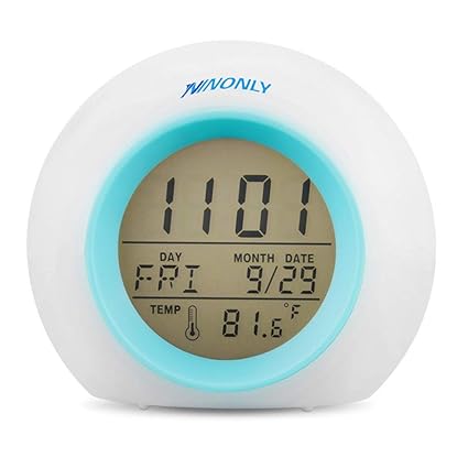 Alarm Clock Wake Up Light Digital Ninonly 6 Natural Sound Indoor Temperature Calendar Nice Gift Decor 7 Auto Switch Colors LED Night Light for Kids Bedroom Adults White