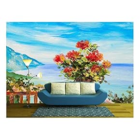 Oil Painting Landscape - Bouquet of Flowers in The Background of Mediterranean Sea - Removable Wall Mural | Self-Adhesive Large Wallpaper - 66x96 inches