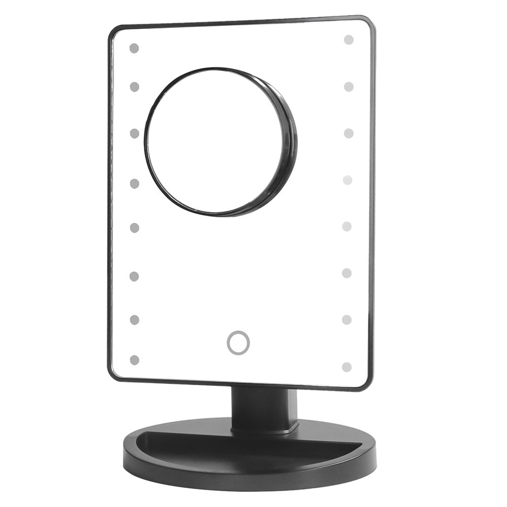 Makeup Mirror - 16 LED Touch Screen Tabletop Vanity Cosmetic Mirrors with Removable 10X Magnifying Mirror Dimming to Adjustable Brightness Power by USB (Black)