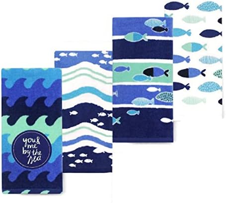 You and Me By the Sea Beach House Shore Themed White and Blue Dishtowel Set of 4 Cotton Tea Towels