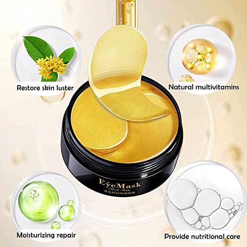 Mascara para los Ojos 60 Pcs Parches Ojos, Parches Ojeras 24k, Colageno Parches Contorno de Ojos, Eliminar Parches Ojos Bolsas y Ojeras, Patas de Gallo e Hinchazón, Hidratante Contorno de Ojos Antiarrugas (Oro)