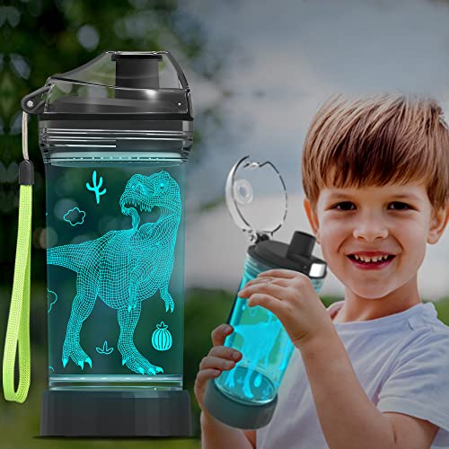 Ammonite Kids Dinosaur Water Bottle with 3D Glowing LED Light - 14 OZ Tritan BPA Free - Creative Ideal Travel Cup Dinosaur Jurassic Gift for School Kid Boy Child Holiday Camping Picnic Dino Fan