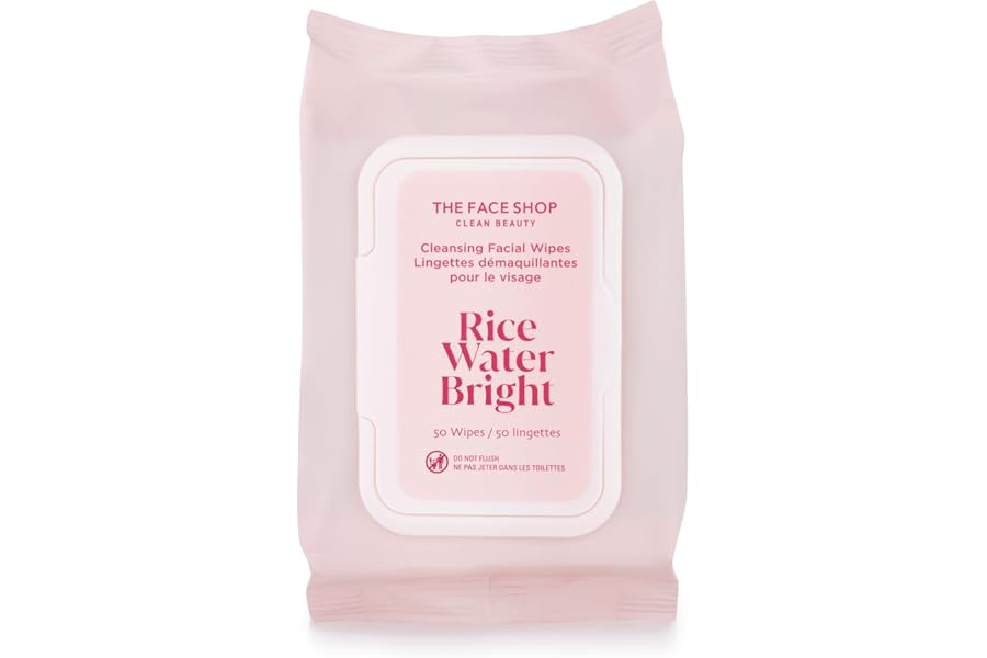 The Face Shop Rice Water Bright Makeup Remover Wipes for Face with Rice Extract, Brightening, Moisturizing, Infused with Cleansing Milk, Vegan Disposable Cleansing Facial Wipes, Korean Skin Care