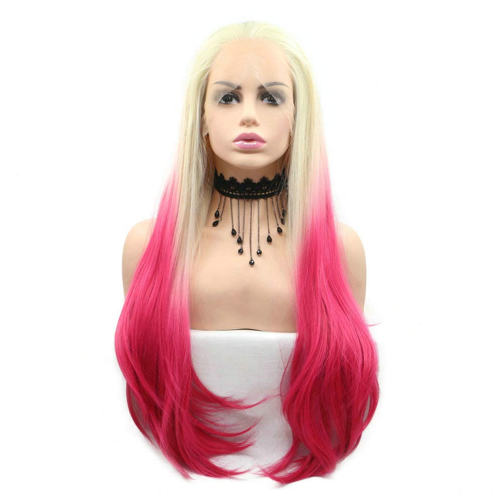RainaHair 22inch Medium Length Wigs for Women Blonde Roots to Dark Pink Synthetic Lace Front Wig Natural Straight Ombre Pink Party Cosplay Wigs