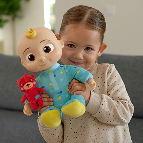 Cocomelon Official Musical Bedtime JJ Doll, Soft Plush Body – Press Tummy and JJ Sings Clips from ‘Yes, Yes, Bedtime Song,’ – Includes Feature Plush and Small Pillow Plush Teddy Bear, Multi