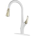 Yalsfowe White Gold Kitchen Faucet with Pull Out Sprayer, Faucet for Kitchen Sink 1 or 3 Hole, High Arc 360° Swivel Single Handle Kitchen Mixer Tap for Farmhouse, Rv, Brass