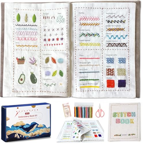DIY Stitch Book,Embroidery Stitch Book on Linen Fabric,Comprehensive Guide with Various Patterns,Contains Multiple Sewing Tools and Videos,Perfect for Beginners Enthusiasts,Unique Handmade Gift