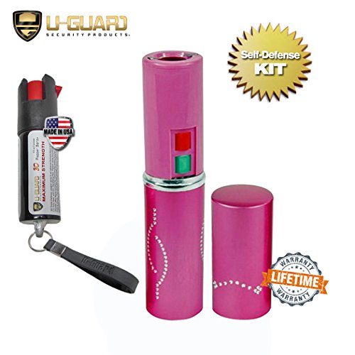 Lipstick Taser Pepper Spray Keychain Self Defense Kit For Women. Personal Protection Non Lethal Stun Gun Flashlight Combo With Police Grade OC, CS & UV Dye Tear Gas. Tazer Color ( PINK )