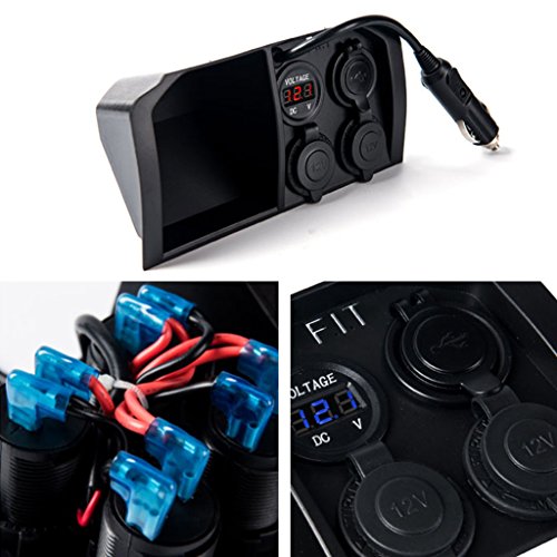 Qisuw Waterproof Dual USB Port Car Motorcycle 2 Way Cigarette Lighter Socket Charger LED Digital Display Voltmeter 12V