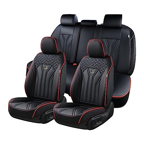 FLORICH Car Seat Covers Faux Leather Front and Rear Seat Covers 5 Pieces Full Set Universal Fit Most Cars, Sedans, SUVs and Trucks, Black & Red Line