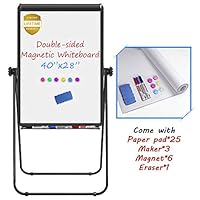 Stand White Board, Magnetic Dry Erase Board 40 x 28 inches Flipchart Pad Double Sided, Height Adjustable Portable Whiteboard with Paper Pad, 1 Eraser, 3 Markers, 6 Magnets, Black
