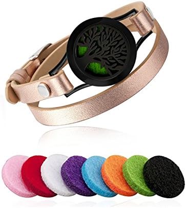 Essential Oil Diffuser Bracelet Aromatherapy Black Tree Stainless Steel Rose Gold Adjustable Leather Band with 8 Color Pads for Décor Gift Girls Women