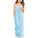 Haloumoning Girls Wide Leg Jumpsuit Kids Casual Sleeveless Romper Spaghetti Strap Overalls with Pockets and Side Slit