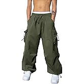 WZNKXFC Men Baggy Cargo Pants Trendy Casual Parachute Pants Loose Fit Harem Pants with Pockets Y2K Color Green Size M