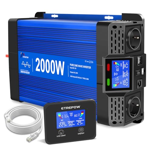 ETREPOW 2000W/4000W 12v 220v Pure Sine Inverter Inverter, 2 EU Sockets, 2 USB Ports+Type-C, Suitable for Household Appliances, Camping, Truck