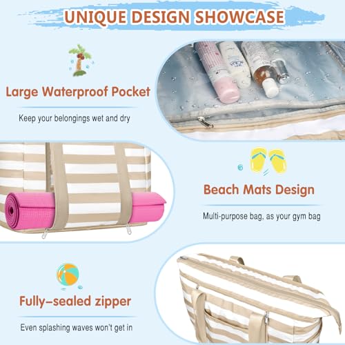 KTUEOV Large XXL Family Beach Bag, Waterproof 45L Women's Beach Bag with Zip, 12 Pockets, Beach Bag for Men Beach Foldable Lightweight for Swimming Pool, Travel, Gym, Shopping