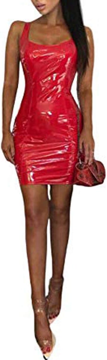 Women Sexy PU Leather Bodycon Sleeveless Short Mini Dress,UK Size 8 10 12 14