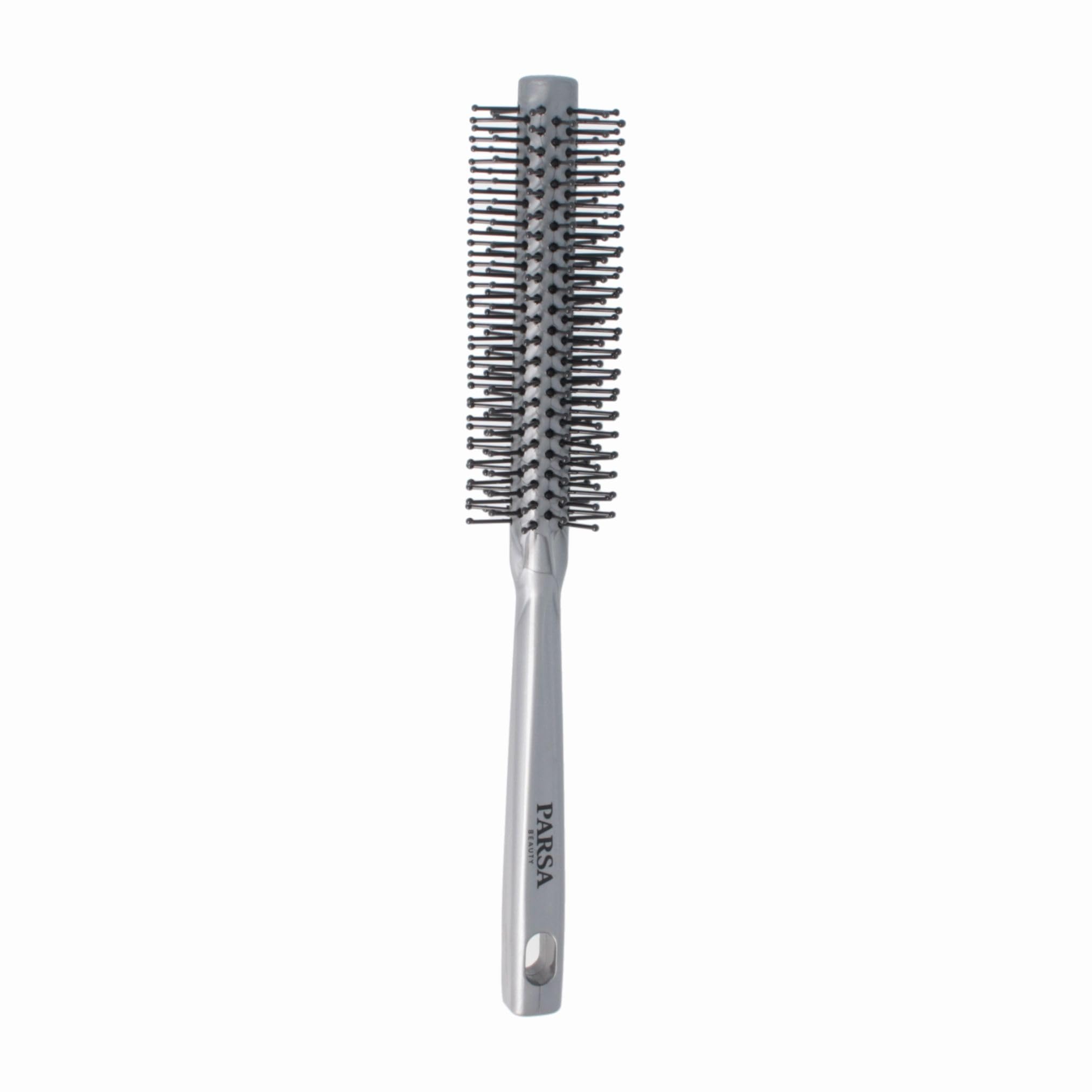 PARSA Beauty Volume Brush Unicolor Round Blow Dryer Brush with Plastic Pins, Hair Brush for Volume, Large Volume Styling, Rounded Pins, Scalp Massage, Ideal for Short Hair, Silver, 21 cm Length