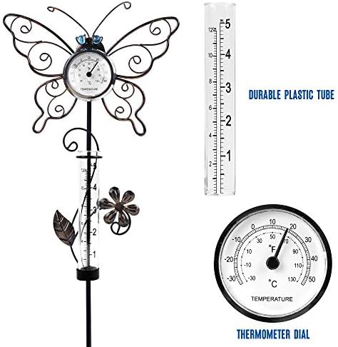 Backyard rain gauge thermometer with butterfly design, priced at $19.99.