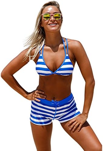 Annflat Women's Summer 2 Pcs Chambray Cottage Halter Striped Bikini Boyshort Set