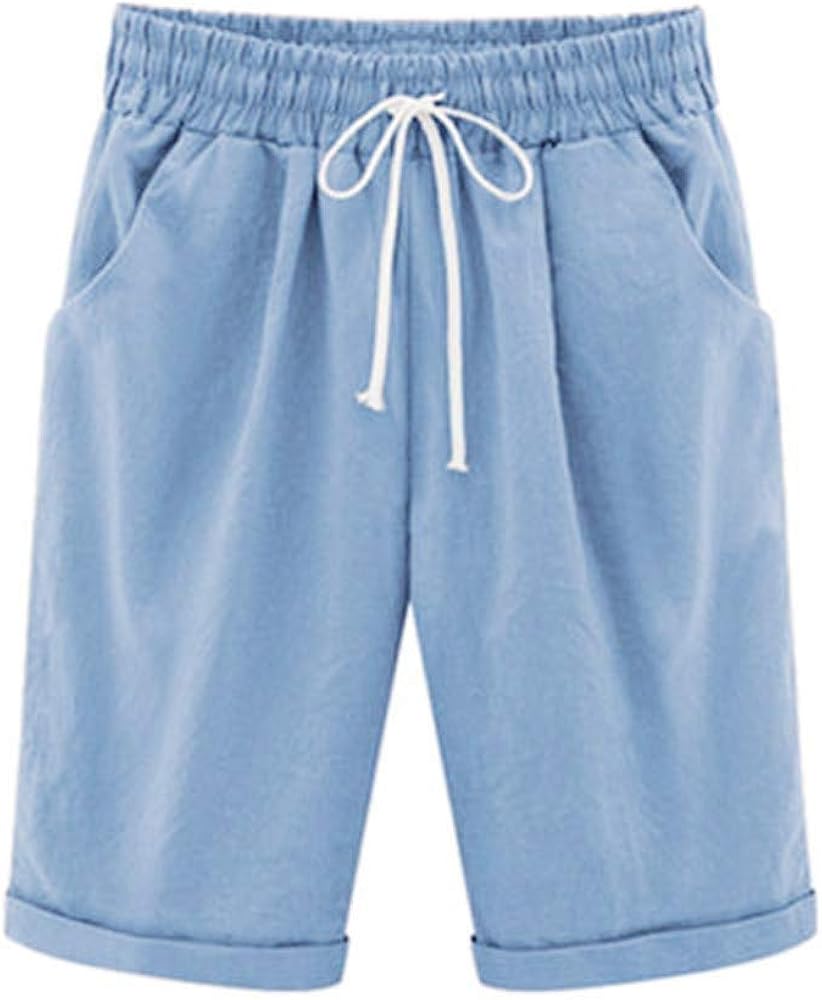 HengshikejiWomen's Capri Shorts Casual Elastic Waist Solid