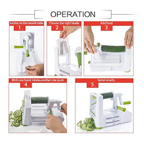 5 IN 1 Spiralizer Vegetable Slicer , Powerful Food Slicer Anti-Slip Sucker Spiral Slicer for Zucchini Noodles and Veggie Pasta Maker