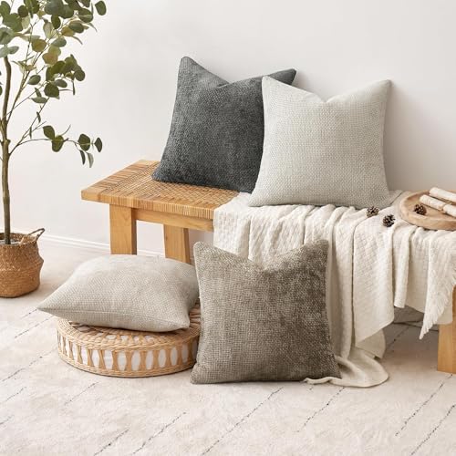 Chenille Throw Pillow Covers with Zipper, Soft Neutral Decorative Cushion Covers for Sofa, Couch, Bedroom, Living Room, Farmhouse Boho Modern Home Decor, Machine Washable（4 pcs）
