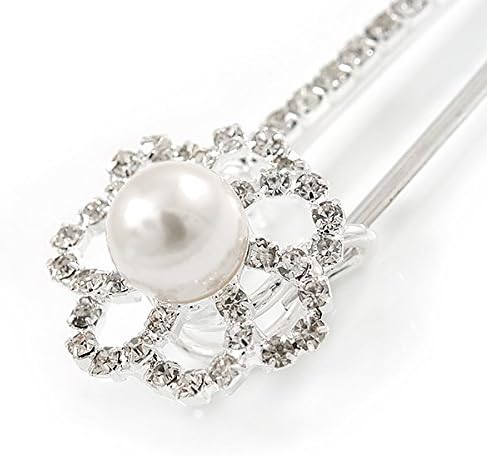 Small Crystal Pearl Flower Pin Brooch In Rhodium Plating - 55mm L, silver, white / ivory - Image 3