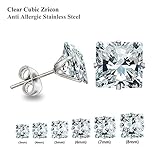 LuxuSteel Cubic Zirconia Stud Earrings Stainless Steel 3 to 8mm 6 Pairs Per Set,Square or Round Shape