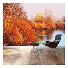 Wall26 - Autumn Lake Scene Orange Calm Peaceful - Landscape - Wall Mural, Removable Sticker, Home Decor - 66x96 inches